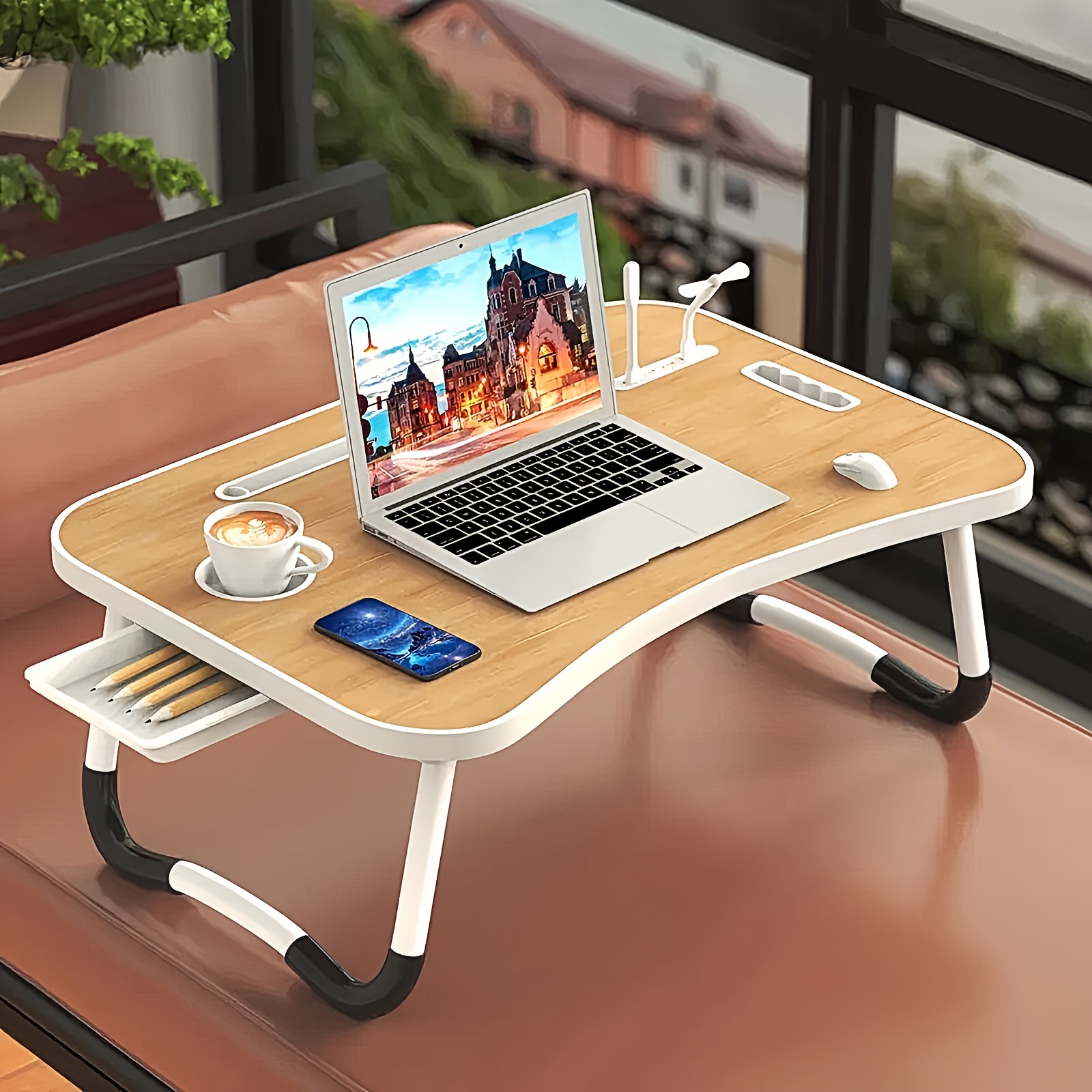 extra large portable laptop bed desk multi function tray stand with cup holder and drawer usb fan and light for eating reading and writing on bed sofa floor stable durable and foldable