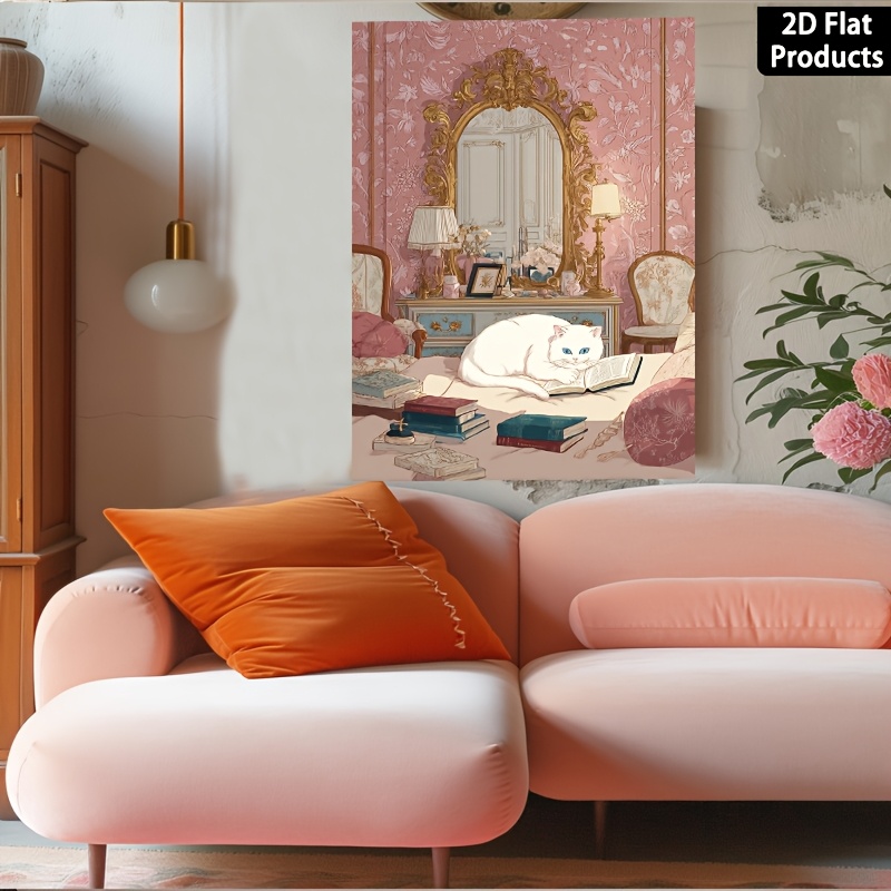 Canvas Painting Wall Decor Featuring a White Cat Reading a Book