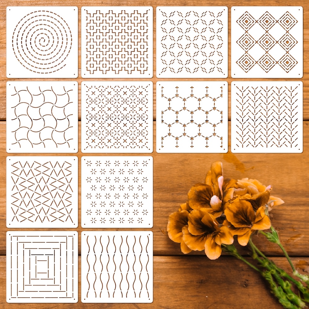 

12pcs Stencil For Quilting, 5" Geometric Pattern Stencils Reusable, Plastic Embroidery Template, Mending Stencil For Wood Signs Wall Canvas Mat Shirt Home Decor Diy Art Crafts