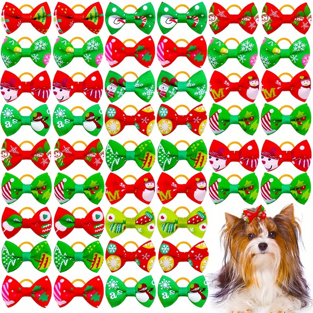 

20 Pcs Assorted Pet Hair Bows, Holiday Themed Dog Cat Grooming Accessories, Festive Patterns With Elastic Bands For & Christmas