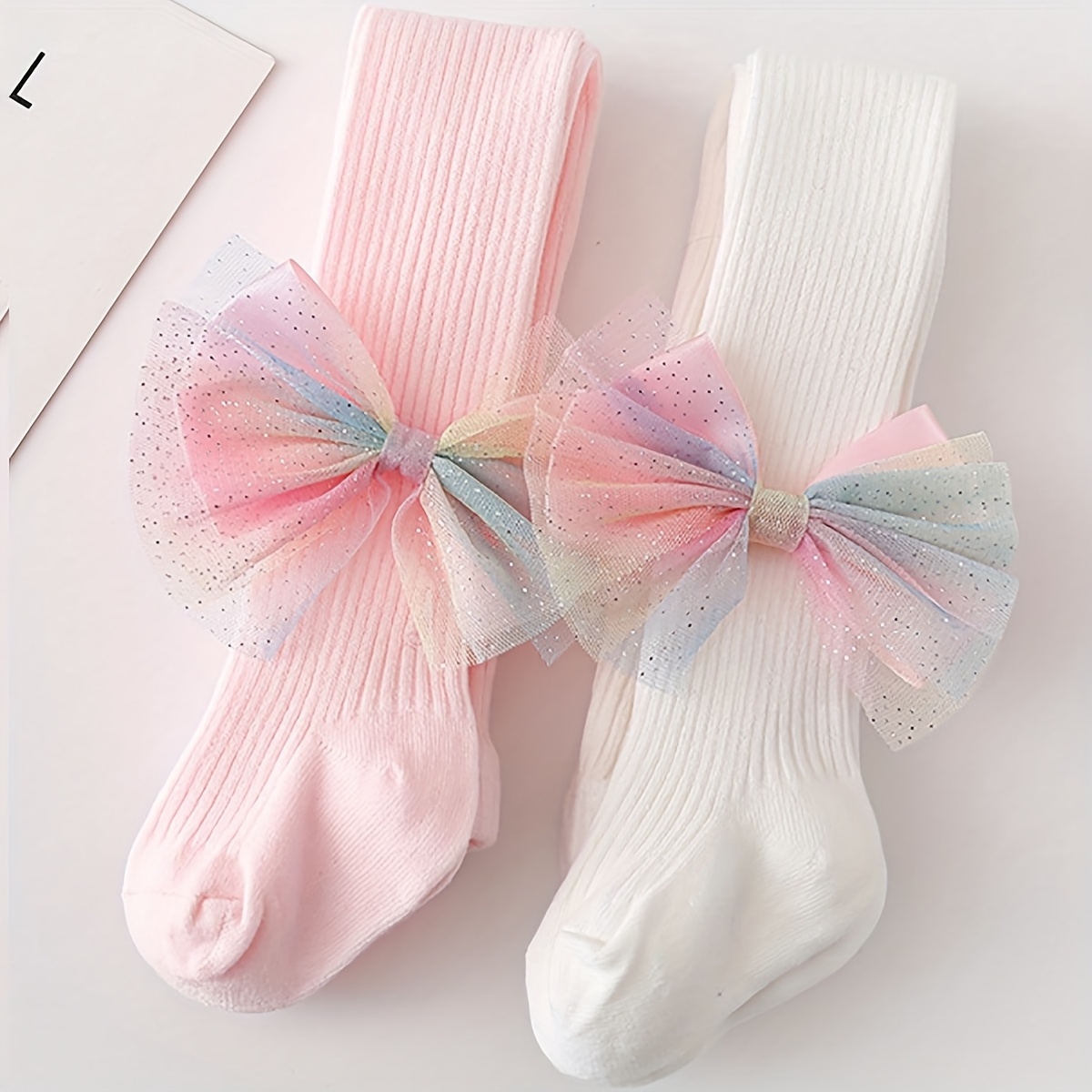 Image of 2pcs Girls' Bow-decorated Comfortable And Soft Leggings, Suitable For Children Under 12 Years Old For Outdoor Activities And Daily Wear