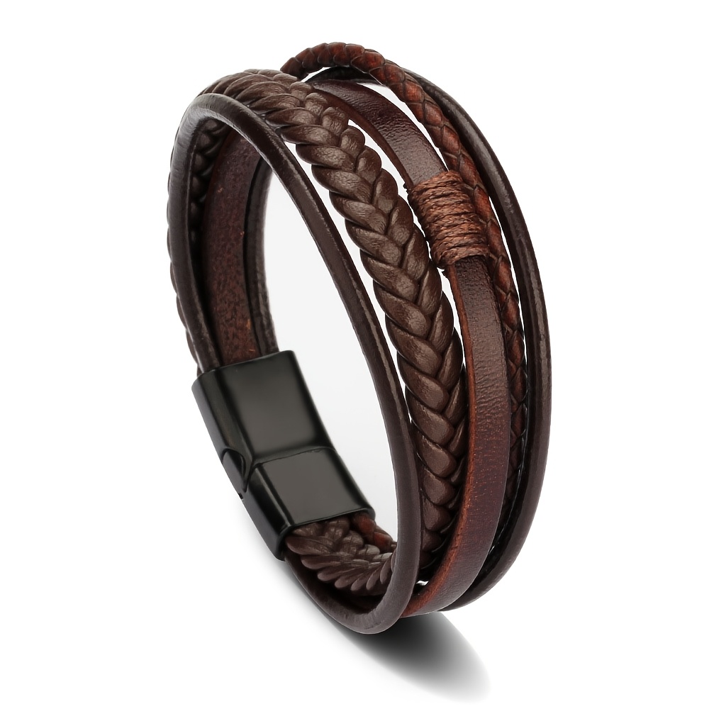 TEMU 1 Black/brown Woven Genuine Bracelet, European And Style Magnetic Clasp Men's Cord, Adjustable Wrapped Wrist Accessory. From Top-grain, The Is