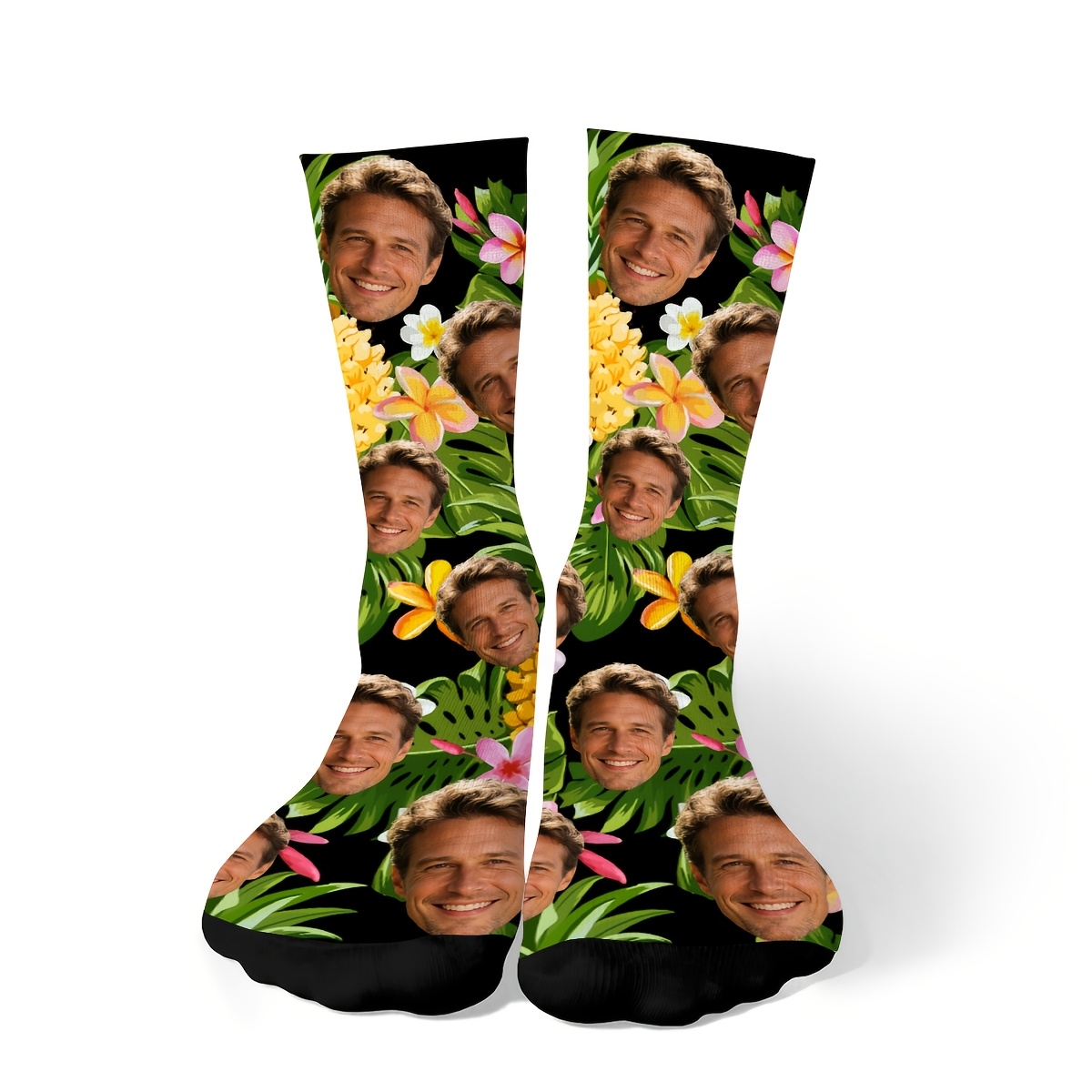 TEMU A Pair Of Custom Hawaiian Style Mid-calf Casual Socks Featuring Faces/photos/prints/logos, Perfect Whimsical Gifts For Birthdays, Parties, ,