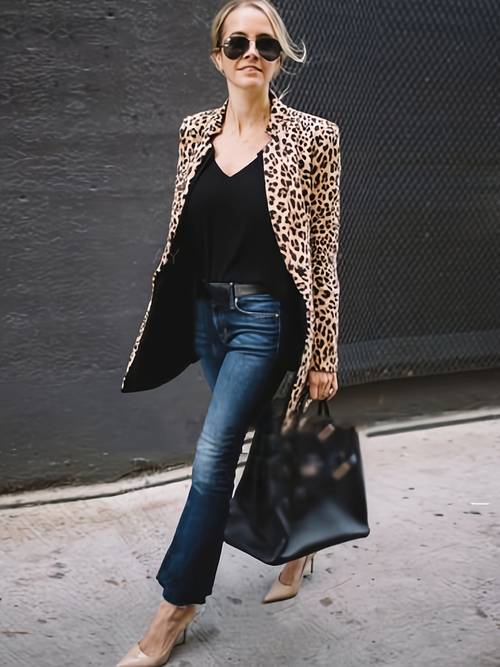 chic womens leopard print elegant long sleeve open front cardigan with v neck for business or clubwear length polyester blend