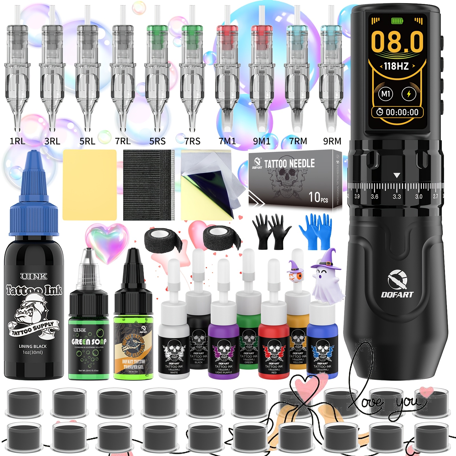 Dqfart Tattoo Gun Kit Complete Set, Complete Cordless Tattoo Machine, -one Tattoo Pen With Color Screen, Adjustable Travel, Includes Tattoo Needle And Tattoo Ink, A Gift For Tattoo Beginners And