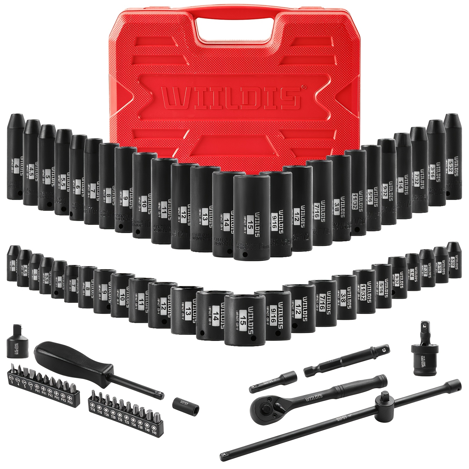 TEMU Wiildis 99pcs 1/4 Inch Drive Impact Socket Set, Sae (5/32-9/16 Inch)& Metric (4-15mm), 72-tooth Ratchet Wrench, Extension Bars, Cr- Deep&shallow Kit, Screwdriver Bits For Automotive Repair