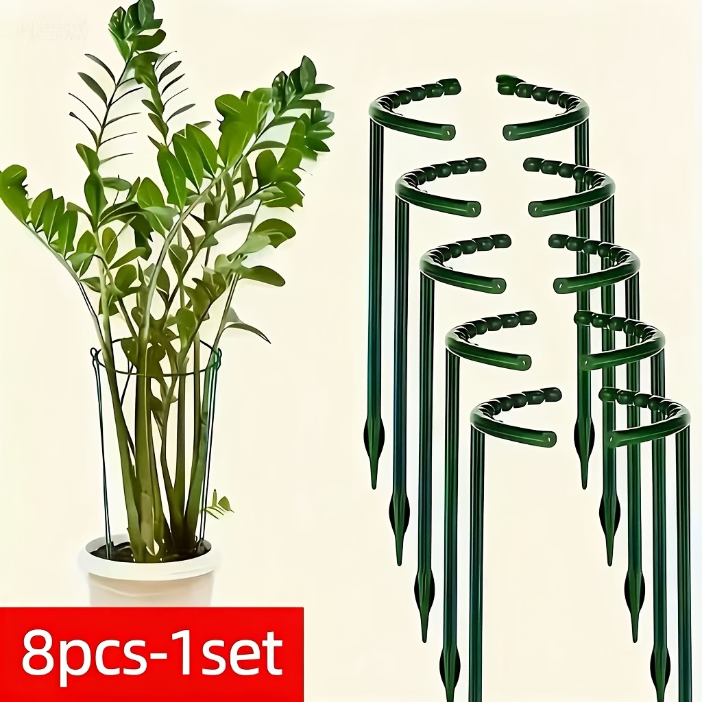 adjustable green plastic plant stakes and cages in sets of 1 2 4 or 8   flexible support   this half circle garden tomato cage and set of green plastic stakes are designed with a fixed height feature