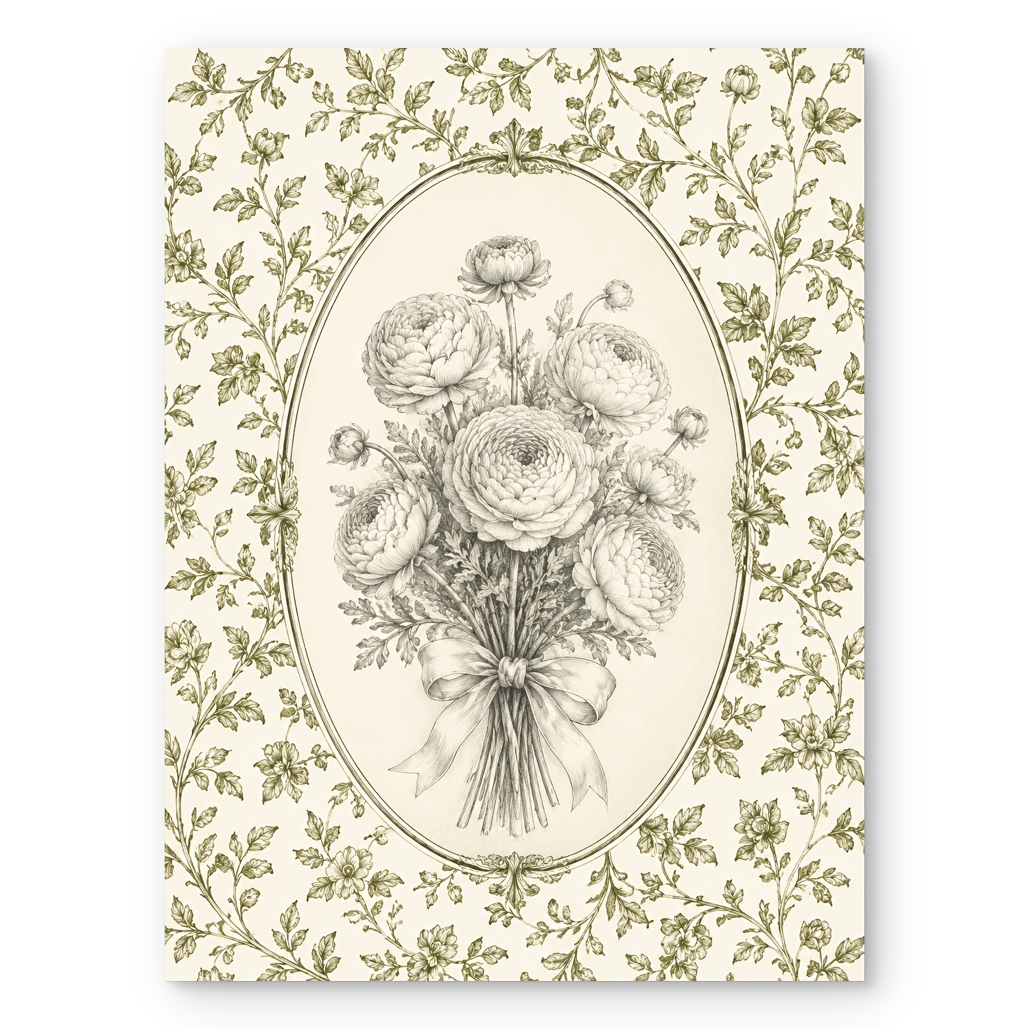 TEMU Affiche et impression plate 2D, cadre, toile florale française, bouquet de ranunculuses détaillé avec nœud en ruban dans une cadre ovale,