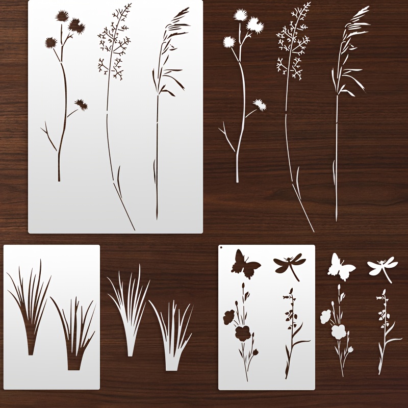 Image of 3pcs Large Plant Flower Grass Dragonfly Stencils, Reusable Painting Templates, Suitable For Wall Decor, Painting, Canvas, Spraying, Furniture, Home Decor, Crafts And Holiday Gifts