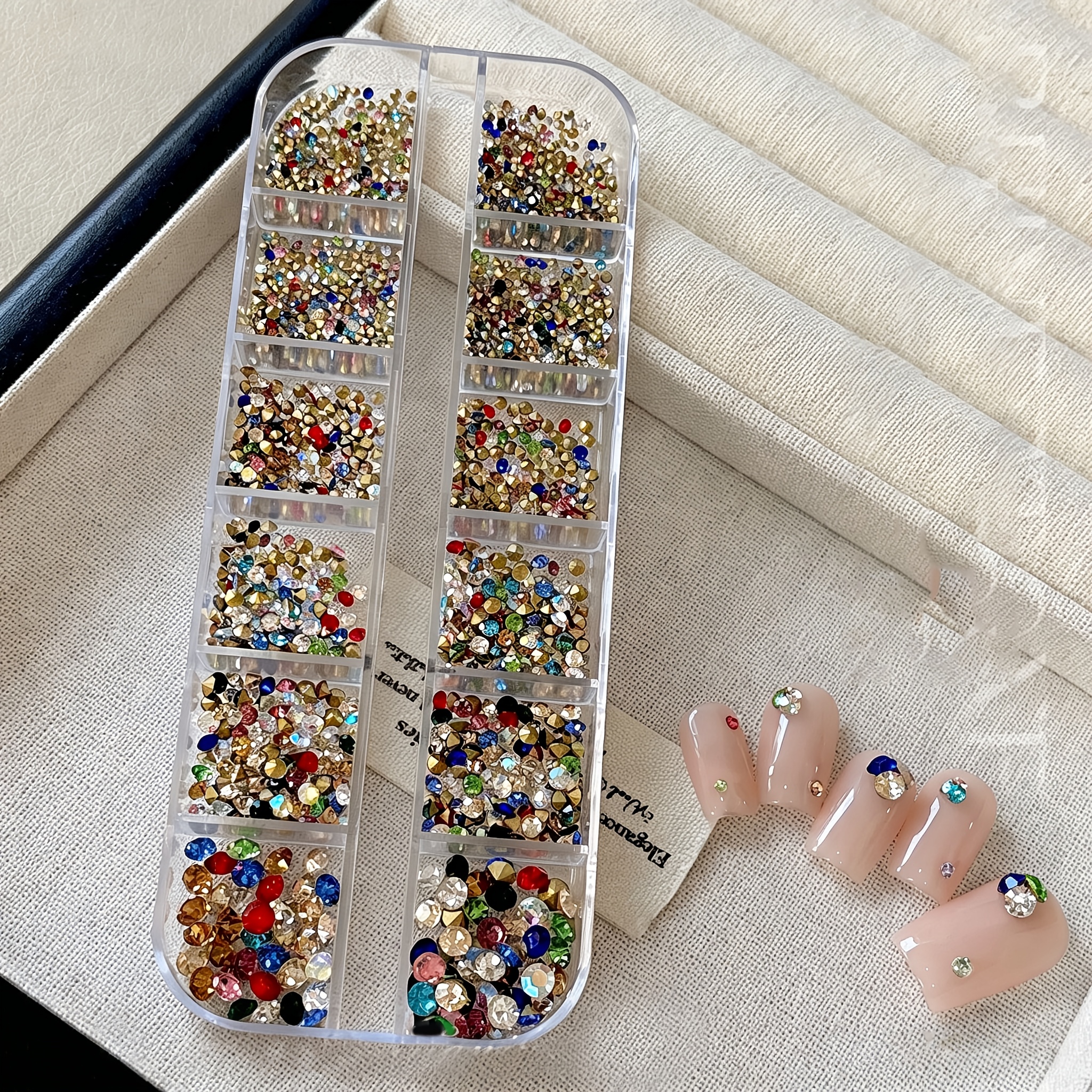 TEMU 12-grid Multicolor Rhinestone Nail Charms Multi-shaped Decorations 3d Flat Mini Nail Rhinestones Sparkling Heart Nail Gems Women's Nail Supplies