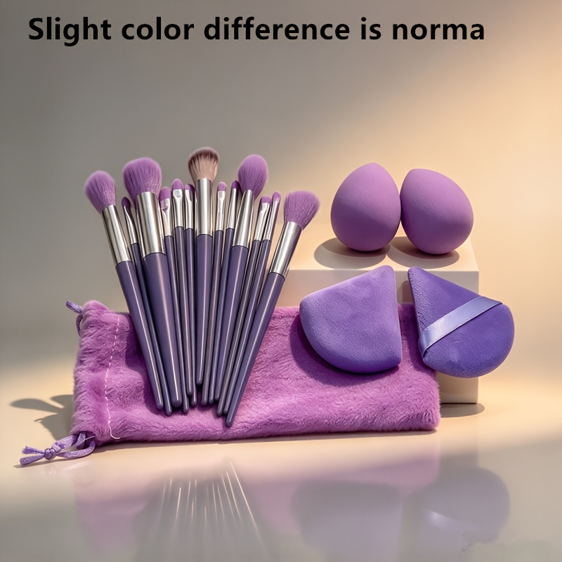 TEMU 1 Set Tool Kit, Including 13pcs Purple Makeup Brushes And 2pcs Triangular Sponges, 2pcs Sponge Eggs And 1pc Storage Bag, Suitable For Pre- And