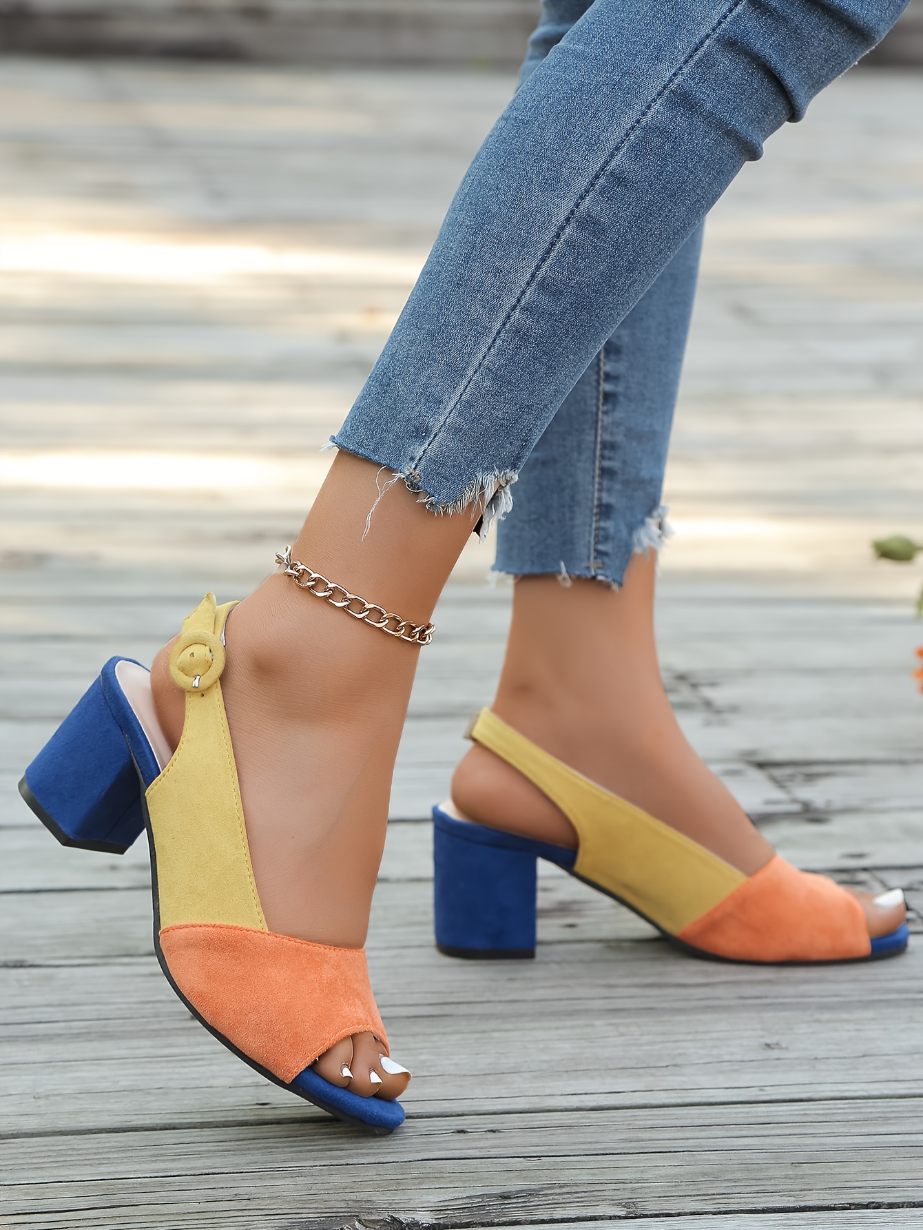 Women's Geometric Contrast Color Block Heel Sandals - Open Toe Ankle Strap with Buckle Closure, Cover Upper & Synthetic Cover Insole, High Block Heel for Casual & Party Wear, Casual Party Sandals | Buckle Strap Sandals | Rubber Sole Stability, High Heel Sandals