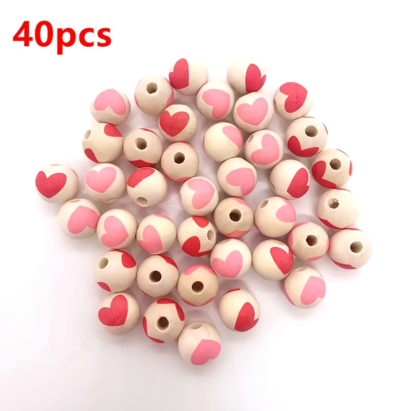Image of 40 Unfinished Wooden Heart-shaped Beads, Round Wooden Spacer Beads, Featuring 2 Colors Of Heart Patterns, Suitable For Jewelry Making, Crafts, And Valentine's Day Decoration Beads