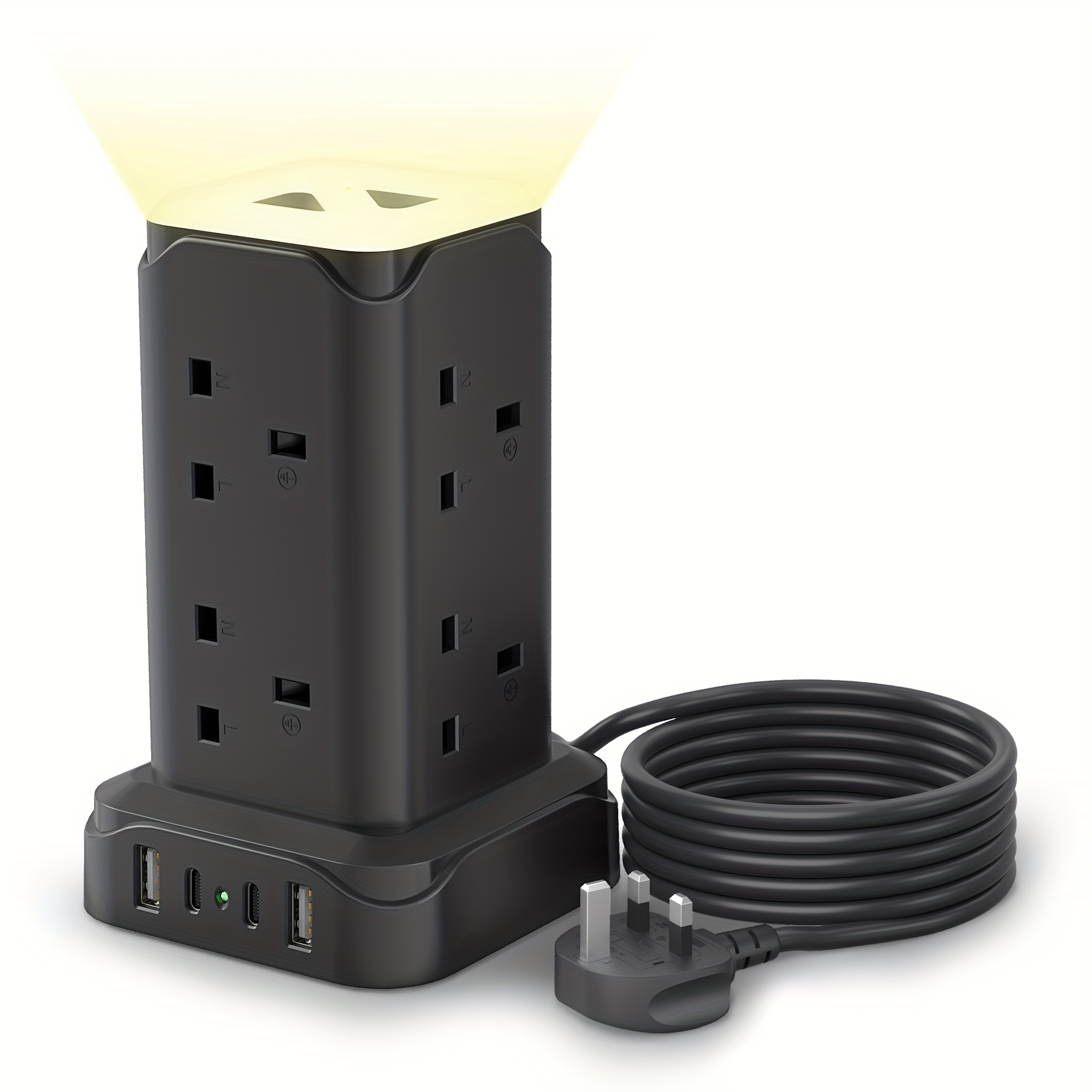 item picture   power strip tower with   protection and night light 20w pd 4 usb ports 2a 2c 6ft extension cord multiple outlets   flat plug for home office or dorm white