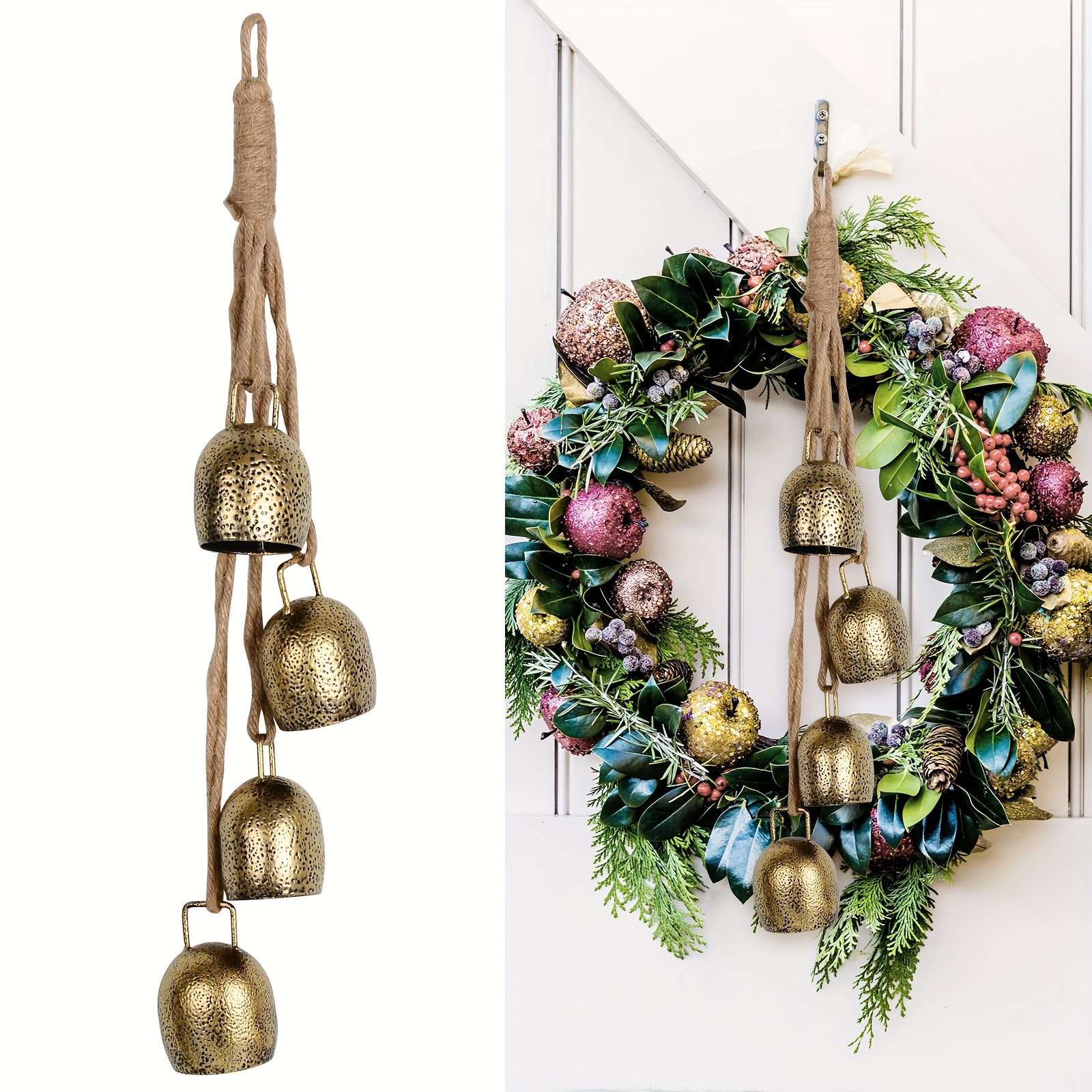 TEMU Handcrafted Christmas Bells 1 Set Of 4pcs Bells Decorative Bells With Rustic Jute Rope Christmas Gifts For Women Mom Grandma Retro Metal Bells