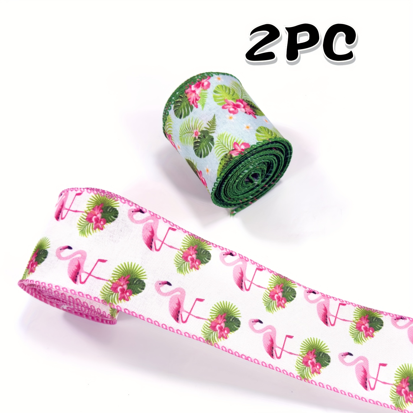 TEMU 2-pack Flamingo & Tropical Leaves Ribbon, 2. 5-inch Polyester Farmhouse Style, Summer Decorative Strips For Diy Bows, Wreaths, Tree Toppers,