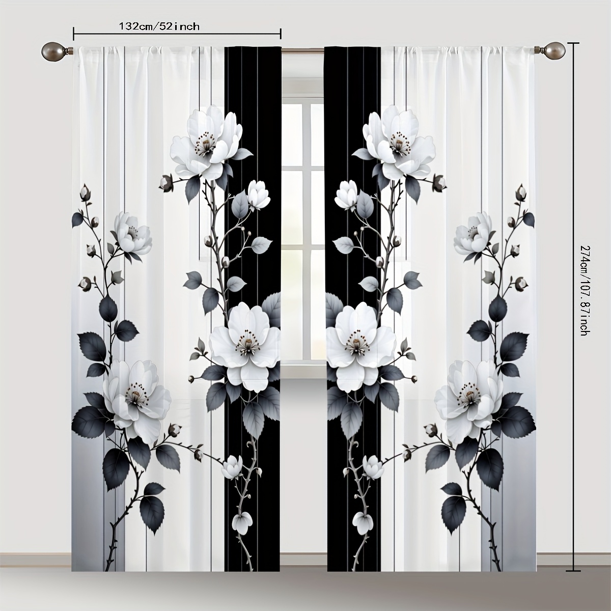 TEMU 2pcs Black & White Floral Sheer Curtains - Elegant Vertical Pattern, Breathable Polyester Fabric, Semi-transparent Privacy Gauze For Living Room