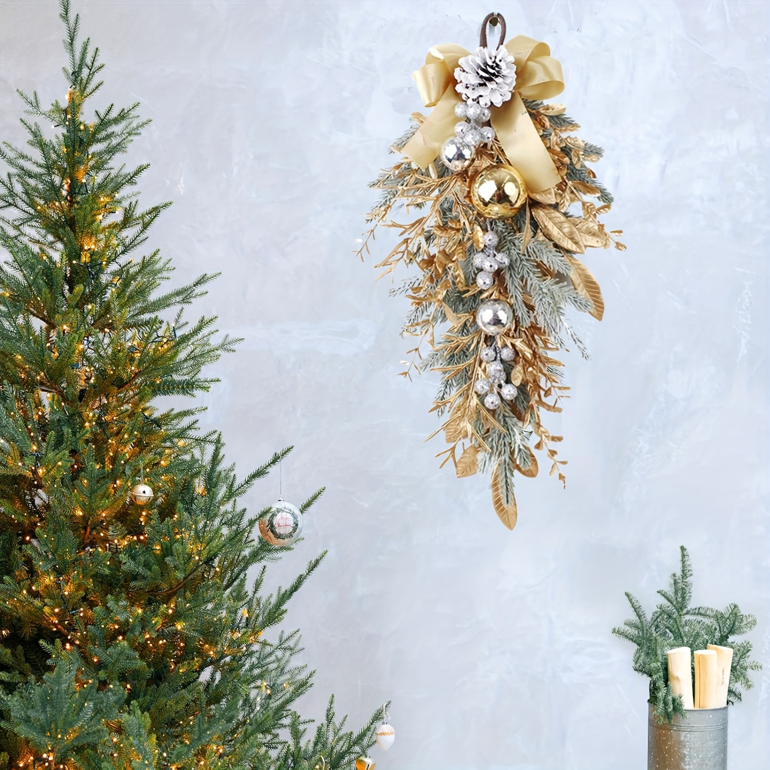 1pc classic christmas teardrop   with balls pinecones silvery berries   front door   and wall decor wreaths halloween
