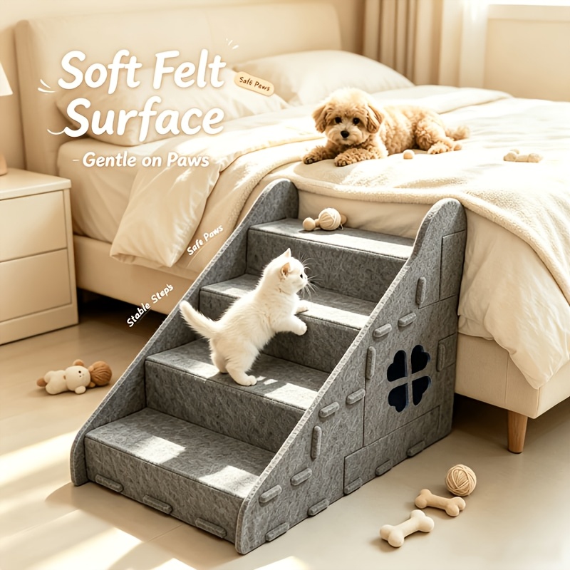 TEMU 3-in-1 Multifunctional Cat Stairs & Ladder - 4-step Portable Pet Step Stairs Suitable For Bed, Sofa, Cat Tree, Ramp, Bedside Ramp, Durable Felt