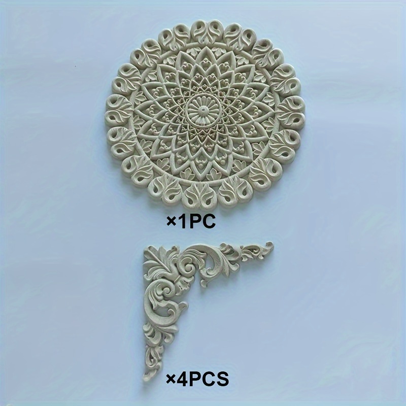 5-pack Wooden Decorative Carving Flower Patches For Wardrobe And Door Decoration