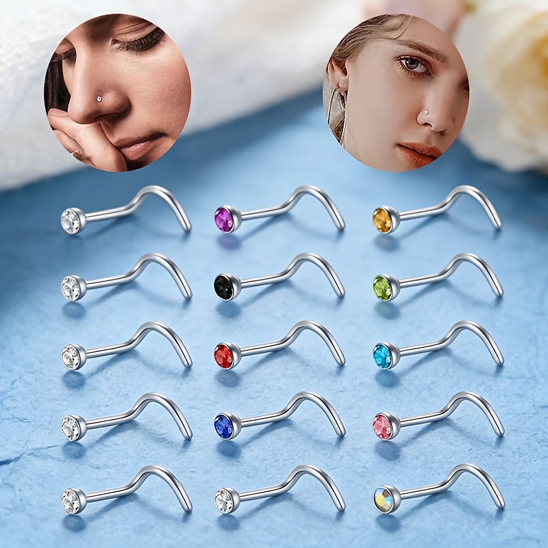 Image of A Set Of 15 Nose Studs Made Of 316l Stainless Steel, Featuring Sparkling Synthetic Zirconia Designs, With A Minimalist And Stylish 0.8*7mm Size For Women, In Shapes Including L, S, And I