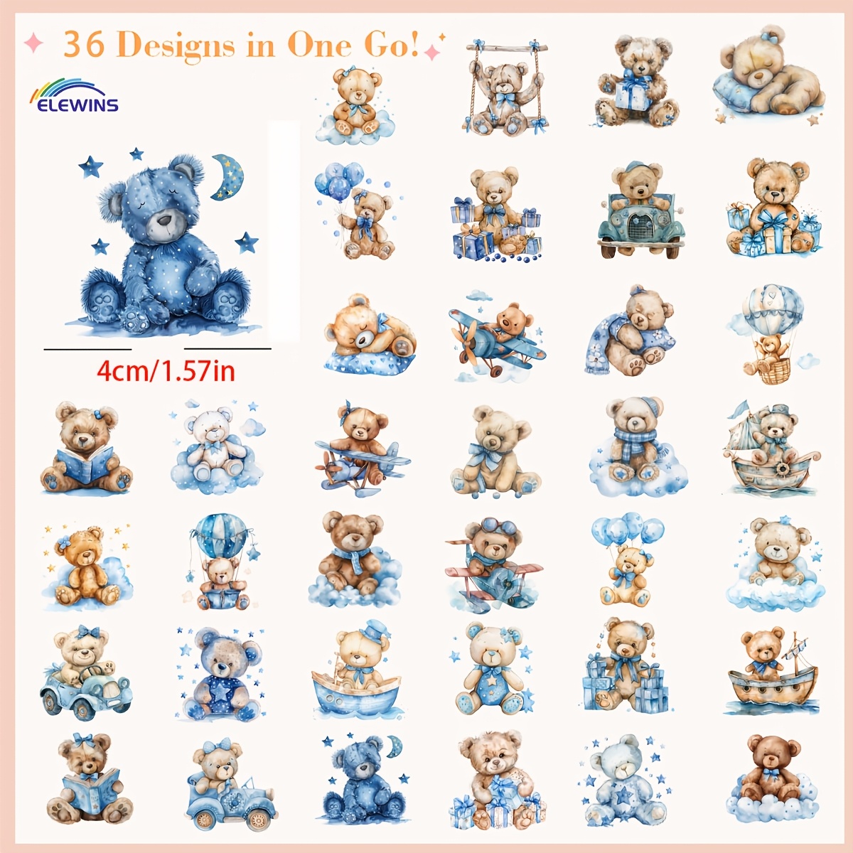 TEMU 36 Durable Washable Iron-on Transfers, Cute Blue Teddy Bear Iron On Patches - Heat Transfer Decorative Patches For T-shirts, Jeans, Hats, Bags