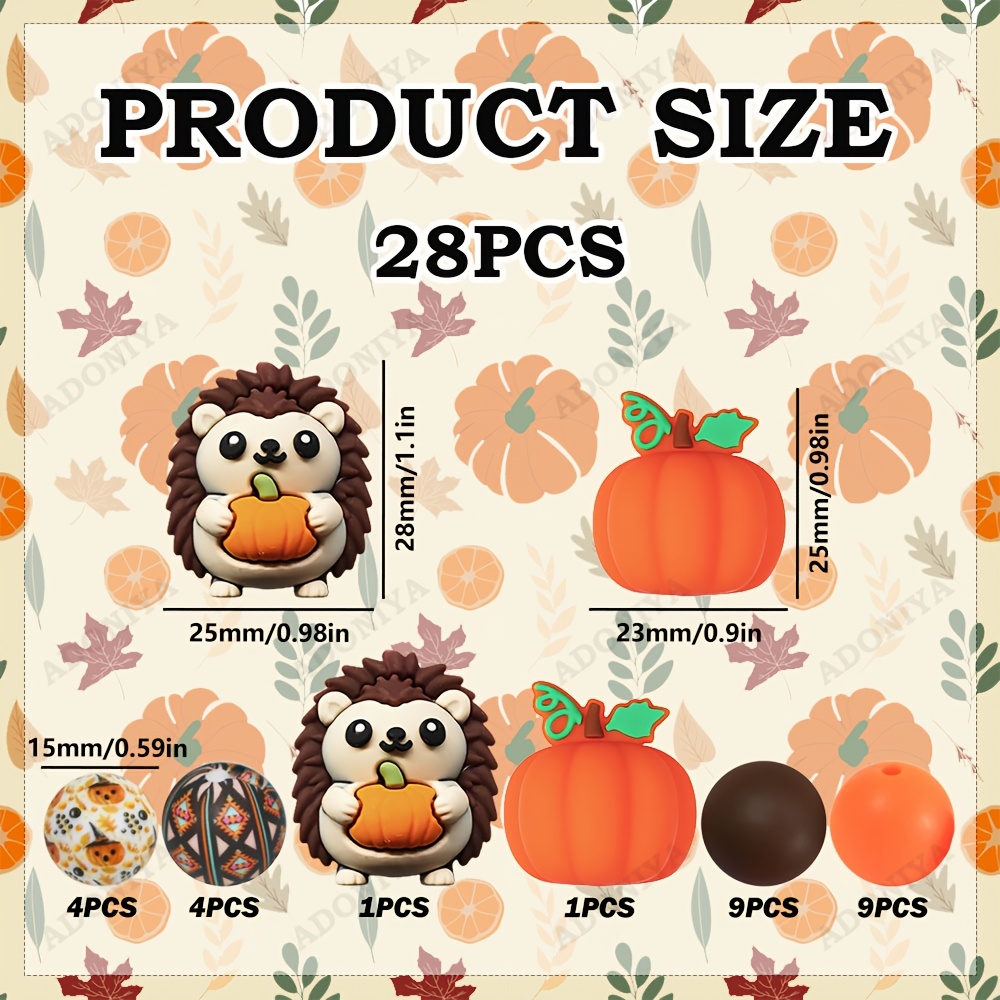 TEMU Ensemble de 28 perles en silicone 3D mignonnes de hérisson et de citrouille, motif de hérisson enlacé d'une citrouille, comprenant des perles