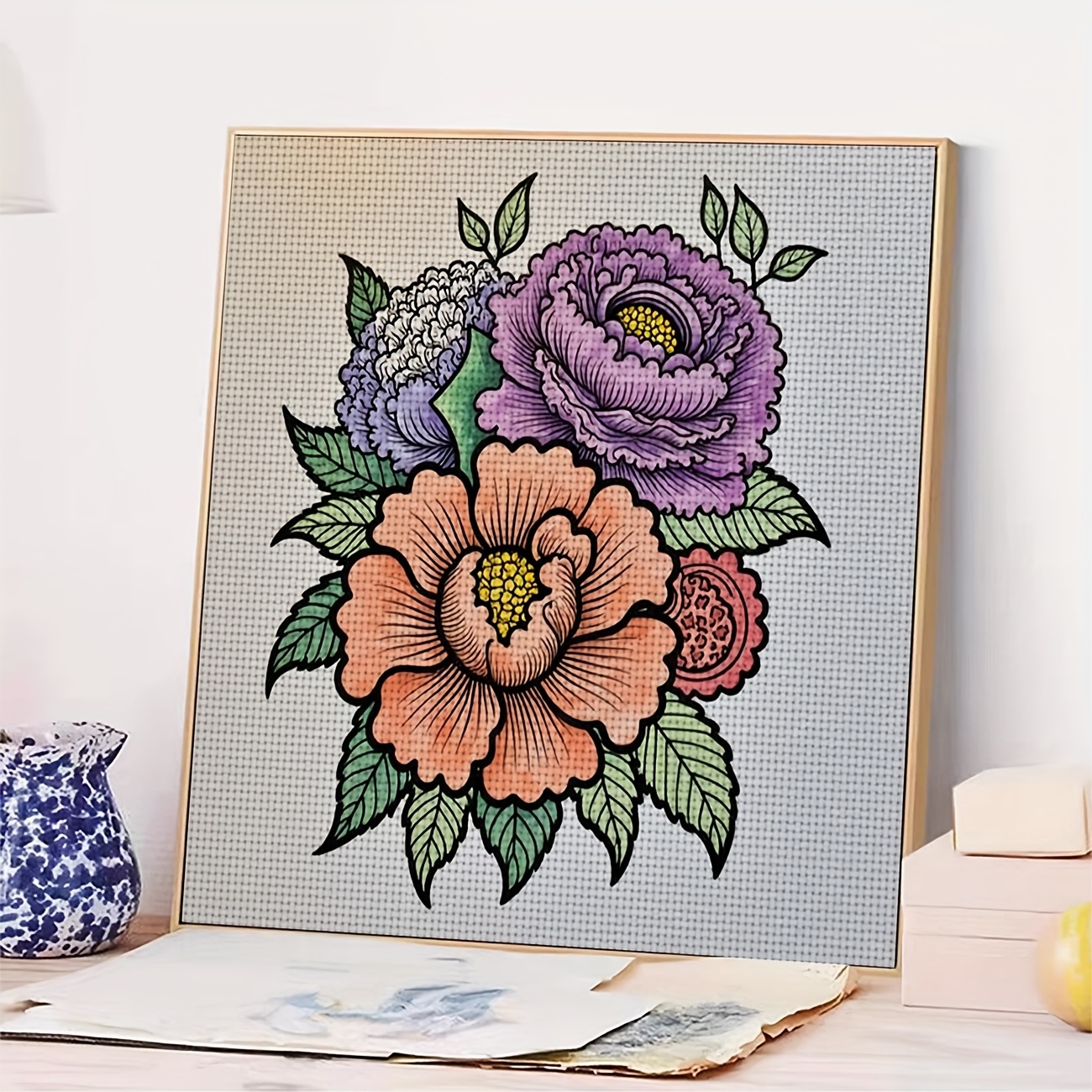 Frameless Cross-Stitch Printing Kit, Colorful Floral Illustration