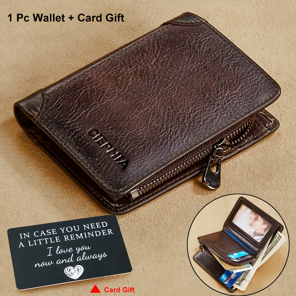 Men's Vintage Genuine Leather Wallet | Rfid Blocking Zippered Purse With Id And Credit Card Holder, Includes Greeting Cards