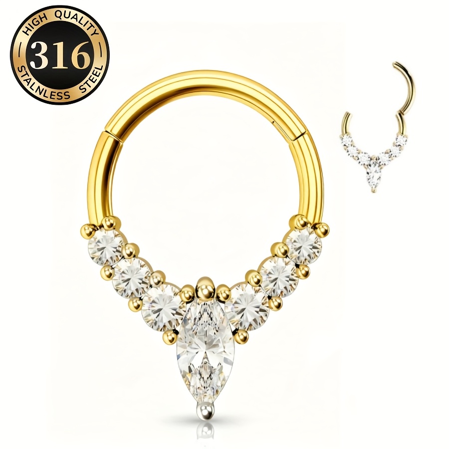 Image of 1pc Of 316l Stainless Steel Elegant Inlaid Cz Nasal Septum Piercing Nose Ring Cartilage Ear Tragus, Suitable For Men And Women, Suitable For Daily Party Wear And Gift