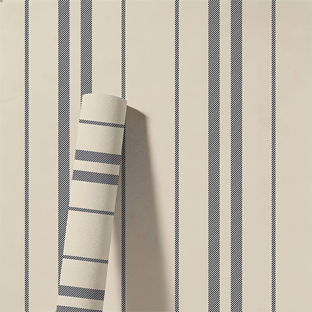 TEMU 1 rollo de papel tapiz de 0.24 mm de grosor, base beige con finas rayas -azuladas y estampado vintage, estilo nórdico simple, autoadhesivo y