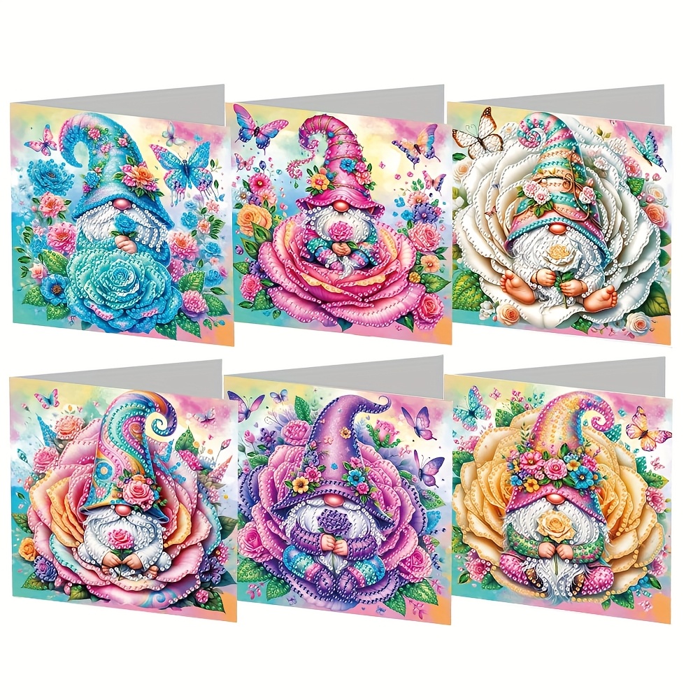 TEMU A Set Of 6 Diamond Painting Greeting Card Kits, Cartoon Colorful Gnomes Holding Roses And Castle Handmade Holiday Cards With Envelopes, Crafts