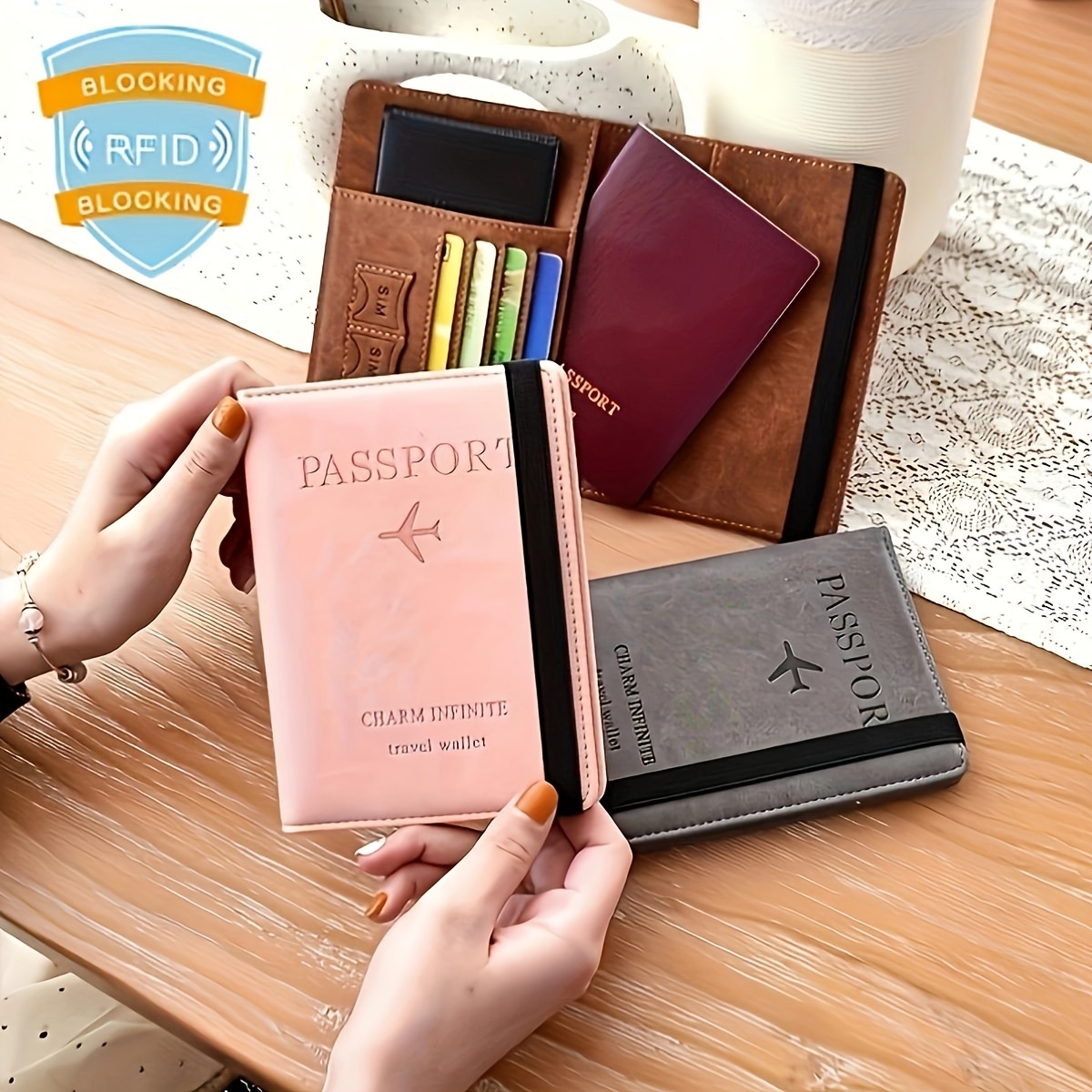 Custodia Passaporto Con Etichetta Bagagli Rosa - Blocco RFID, Per Documenti Di Viaggio, Carte E Passaporti