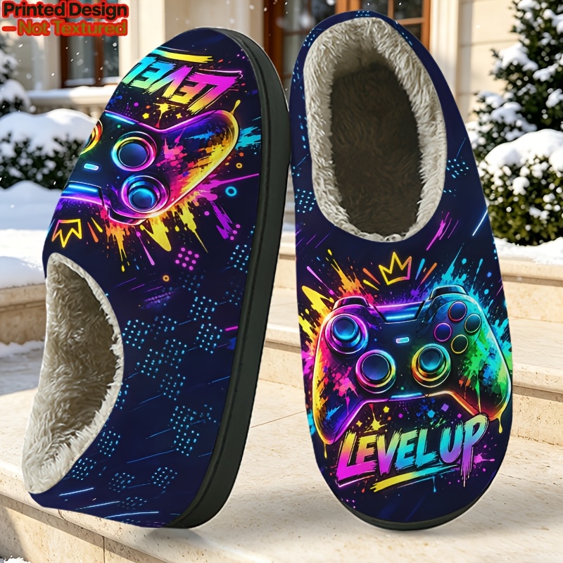 TEMU Printed Design – Not Textured Neon Gaming Controller Level Up Ink Splatter Cyber Esports Trendy Graffiti Print Men's And Women's Home Slippers,