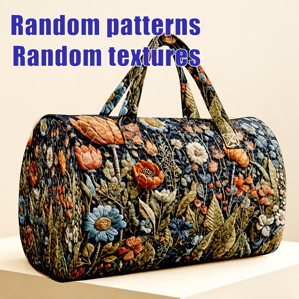TEMU 1pc Women' Quilted Travel Tote Suitable For Women, Navy Vintage Floral & Tulip Daisy Stitching, Zipper Closure Machine Washable Suitcase Carrier