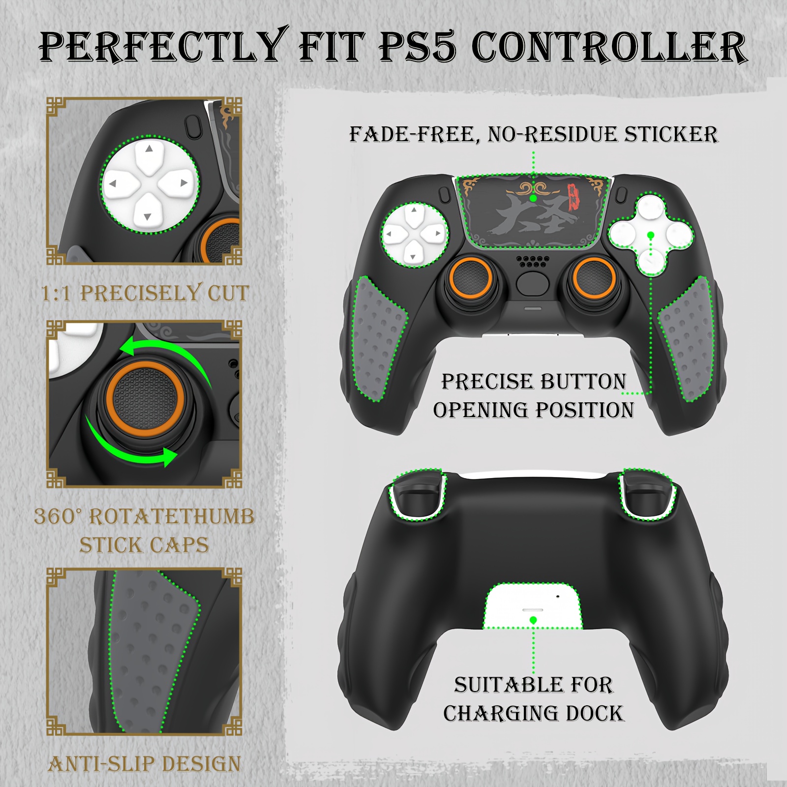 IINE Housse de protection noire en silicone avec capuchons de joystick pour manette PS5