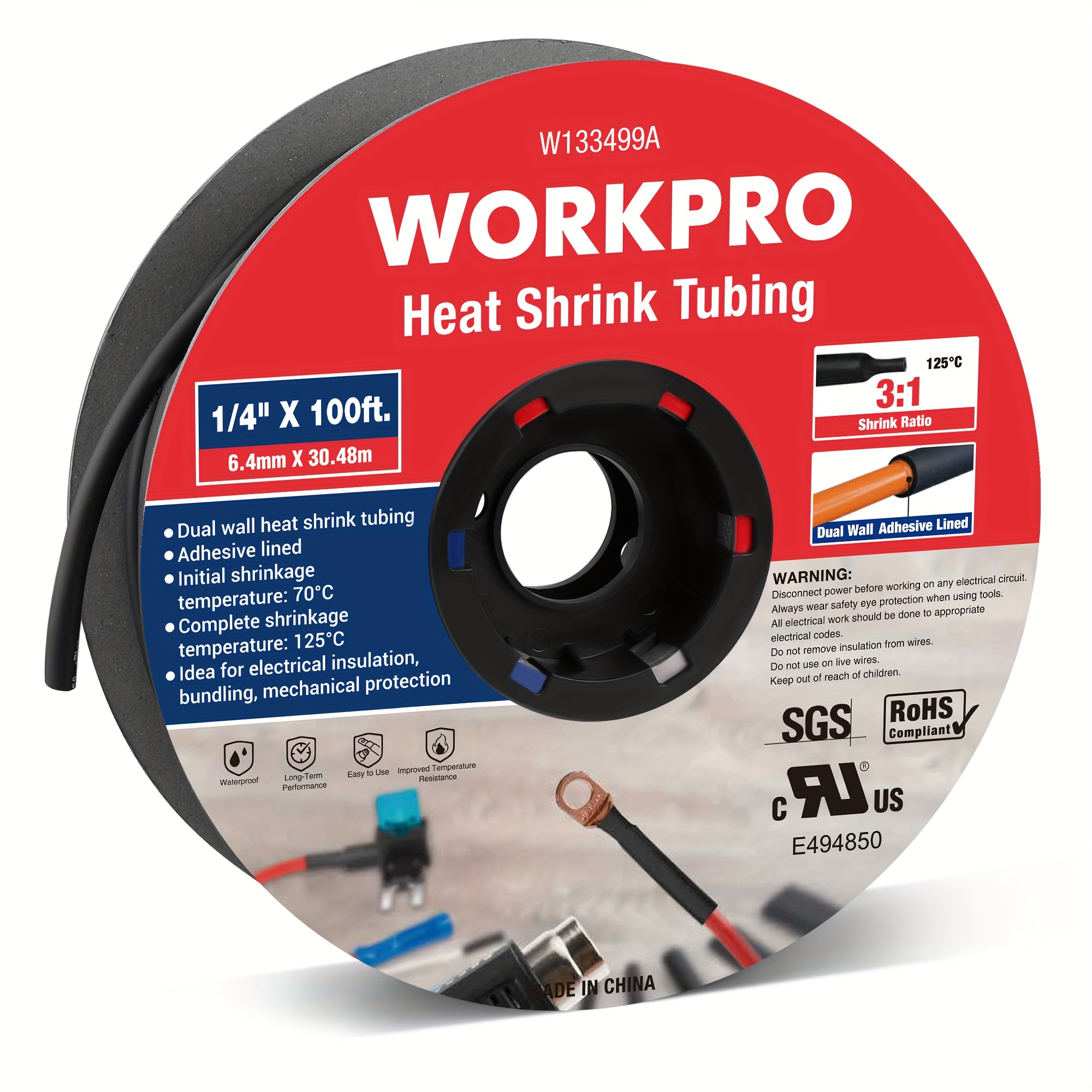 

Workpro 100ft 1/4" Heat Shrink Tubing, 3:1 Ratio Dual Wall Adhesive Lined Heat Wire Shrink Wrap Tubing, Industrial And Marine Grade Shrinking Cable Tube, Insulation Sealing And Flame Retardant