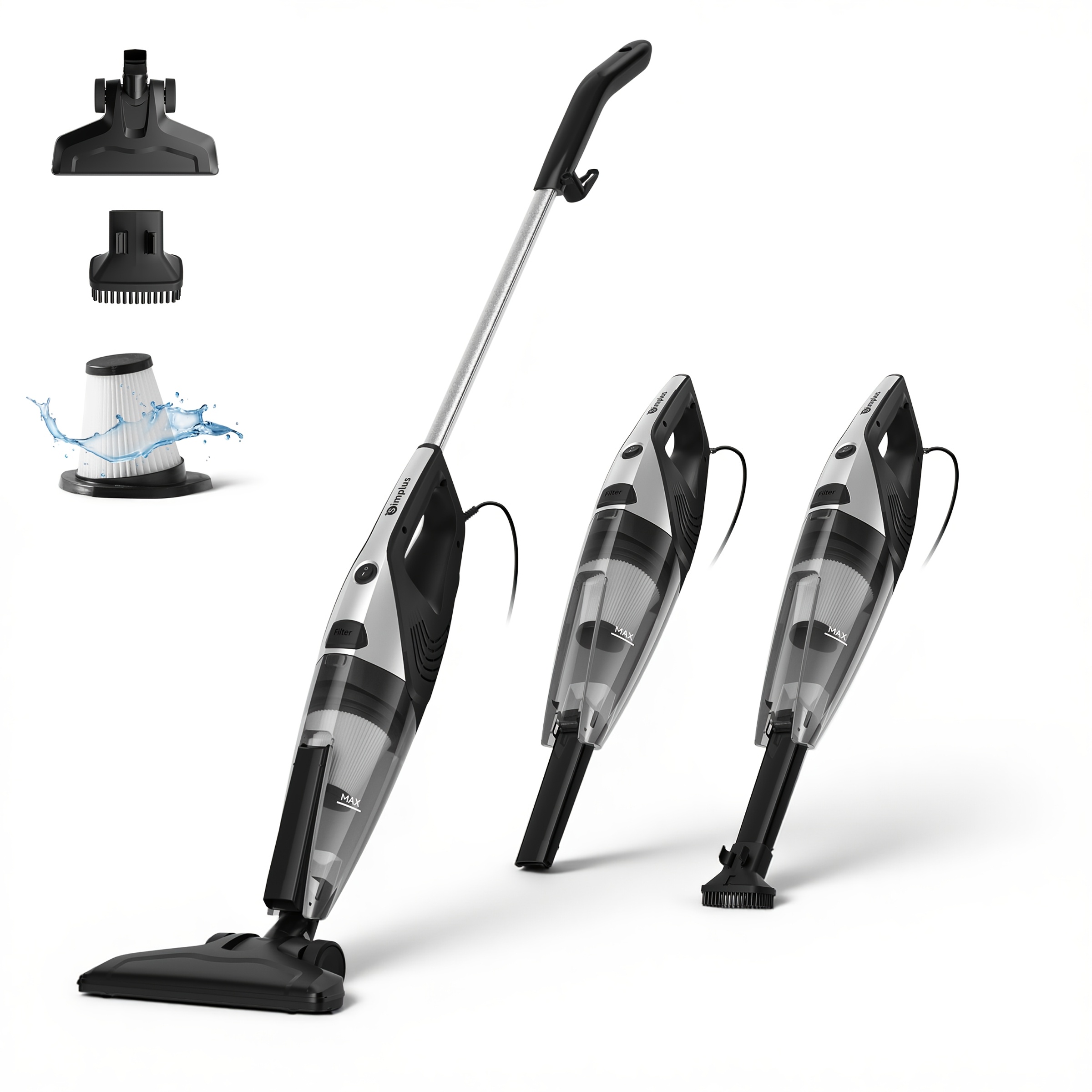 Image of Simplus Corded Vacuum Cleaner, Black, Includes 3 Replaceable Brush Heads, 22000pa Strong Suction, 1l Large Dust Cup, Hepa F6 Advanced Filter, 4.5m Long Power Cord, For Emptying