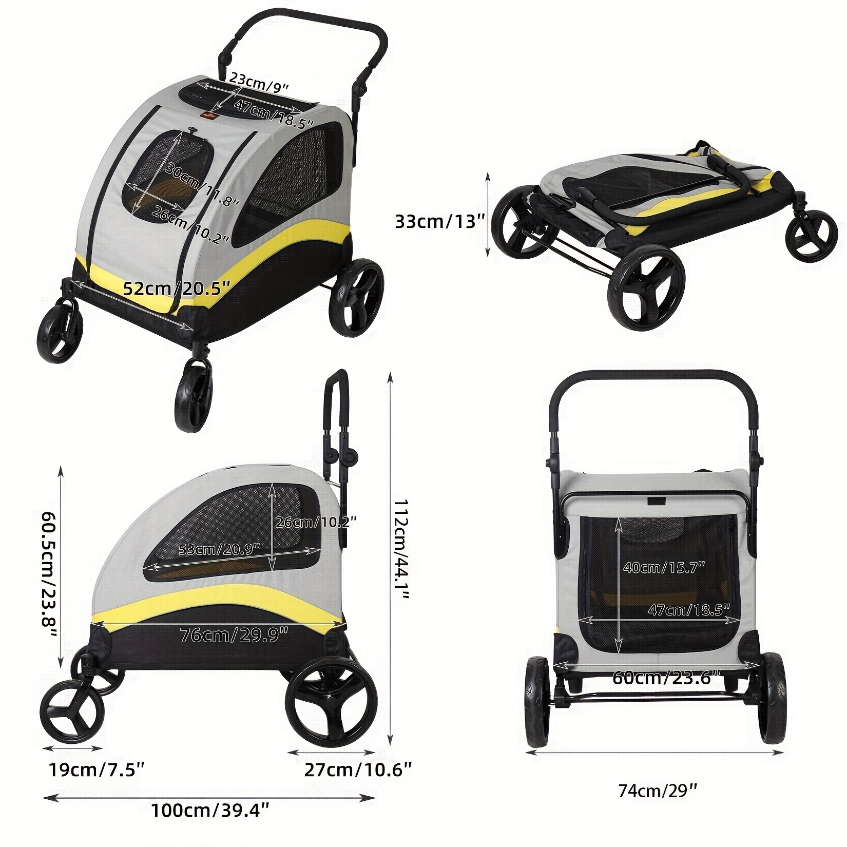 TEMU Portable 4-wheel Dog Stroller, Suitable For 2 Small Or 1 Medium And Large Dogs, Pet Cats, Foldable, Travel Stroller, Breathable, With Brakes,