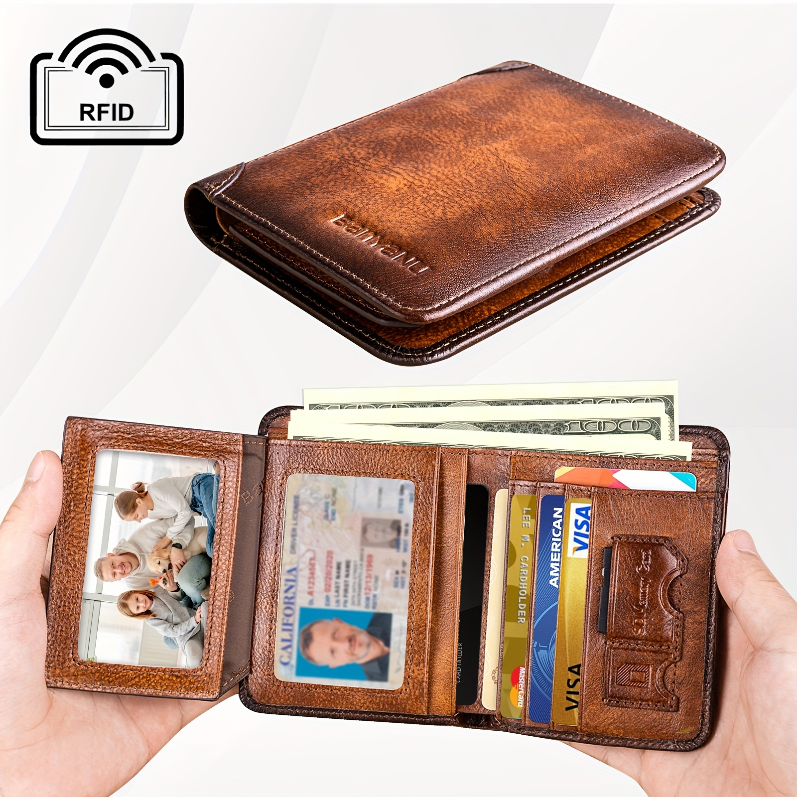 

1pc Rfid Blocking Men's Genuine Leather Wallet, Retro Trifold Large Capacity -card Slots Credit Card, With 2 Id Windows, Perfect Gift For Valentine's Day And Father's Day