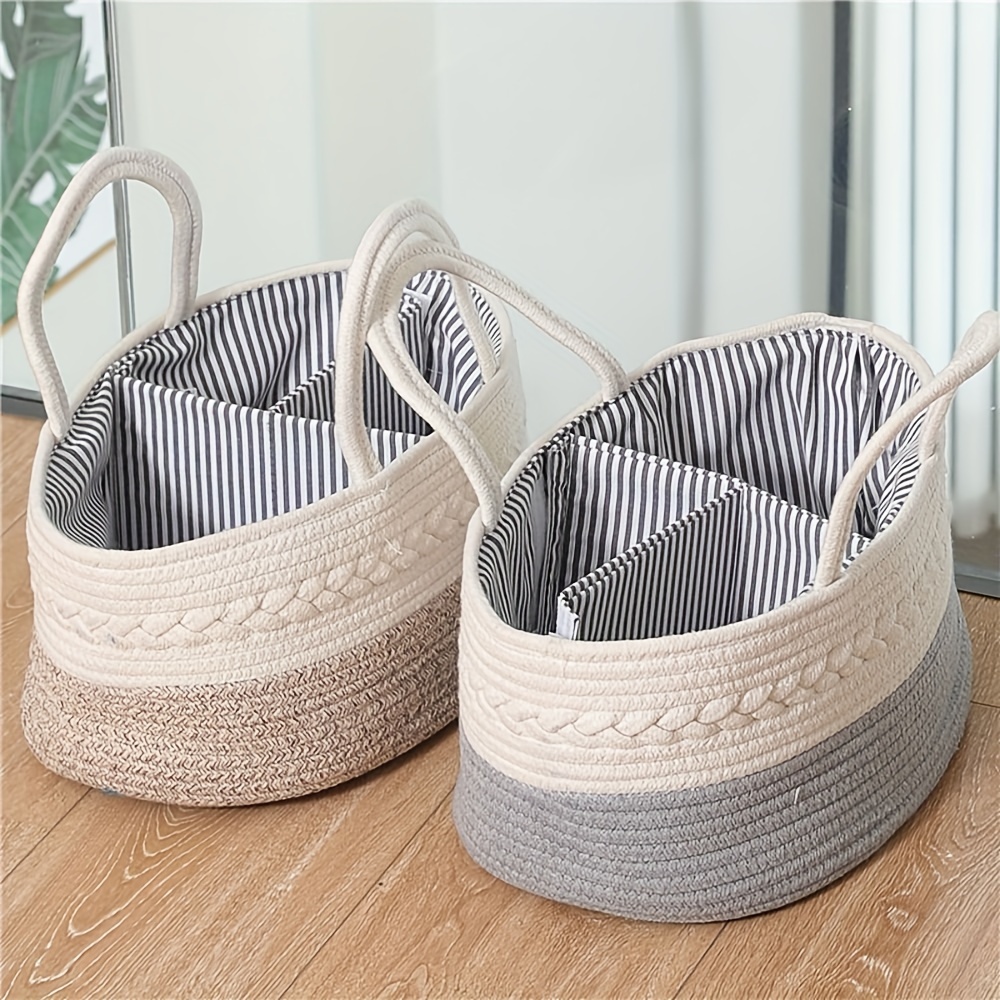 

1pc Cotton Rope Diaper Caddy, Multifunctional Travel Tote, Portable With Striped Liner, Contemporary Style Baby Diaper Storage Basket