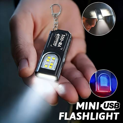 rechargeable mini keychain flashlight compact night light for night work running walking camping with charging warning flashing light five light with red and blue strobe function