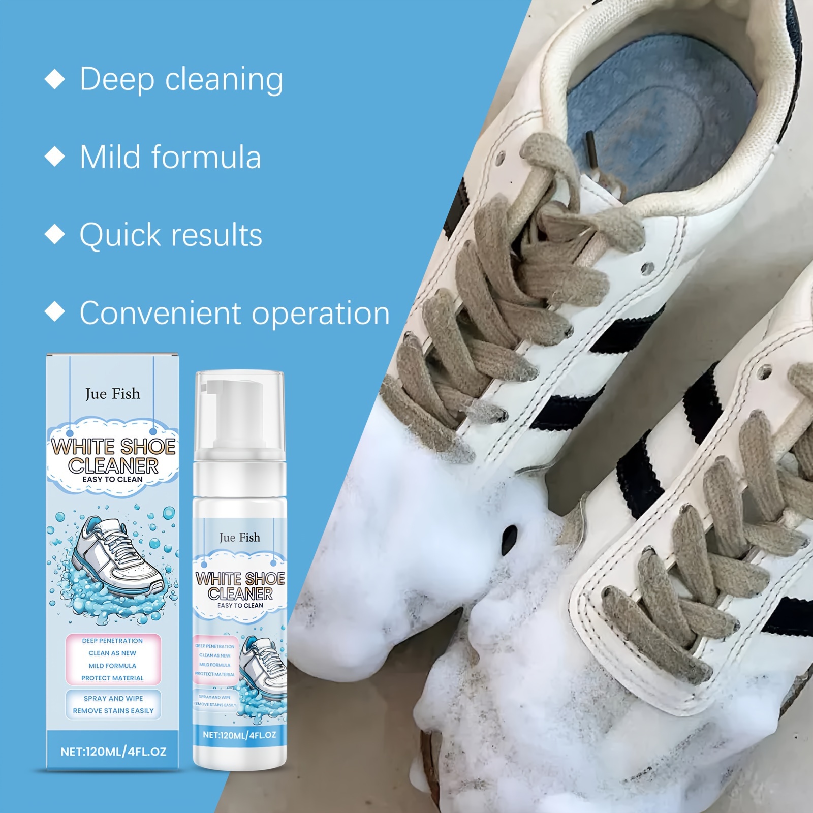 jue fish white shoe cleaner foam - stain & yellowing removal, long-  - for pu leather, canvas, athletic shoes - residue-free,  , liquid formula, <1l capacity details 1