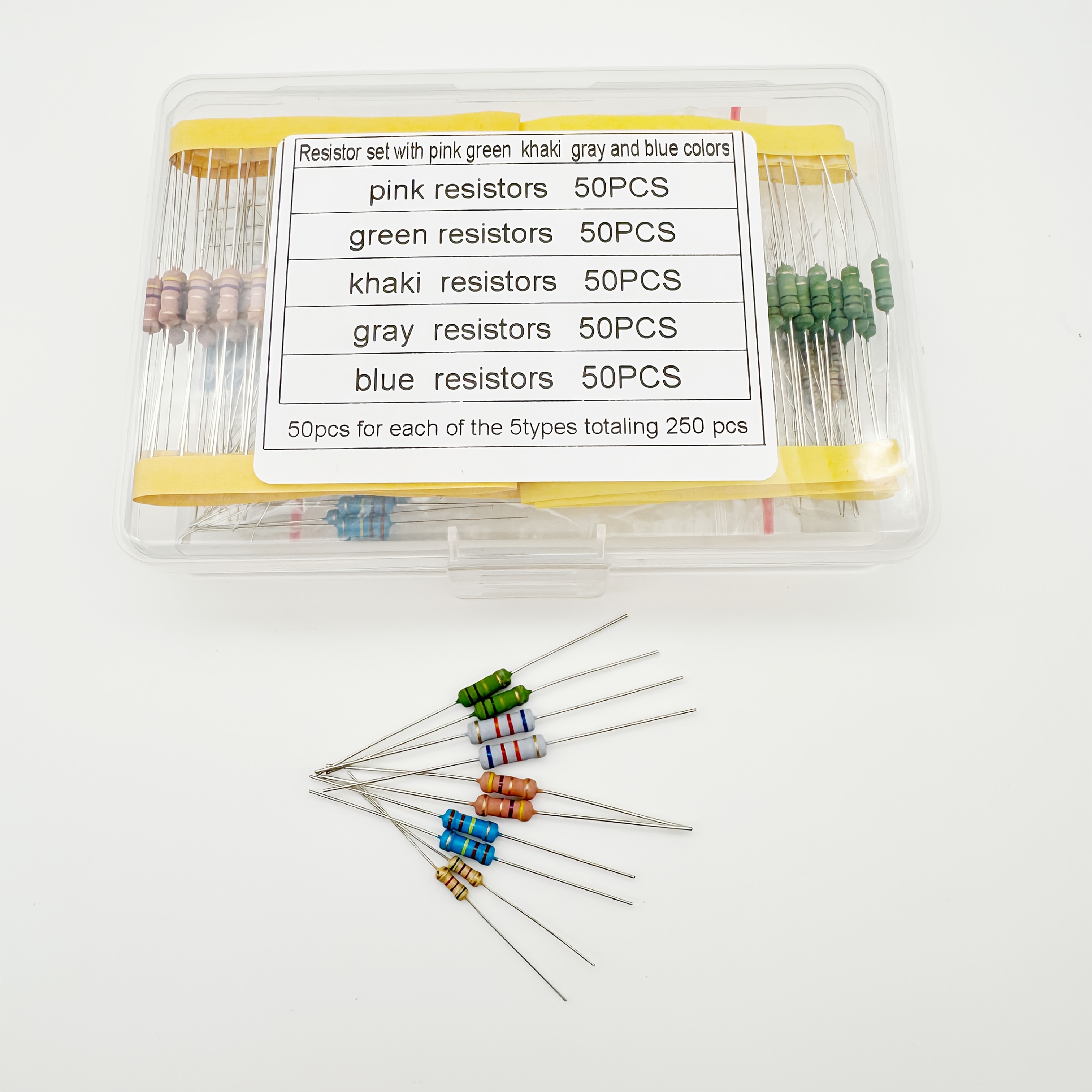 E-shop 250-teiliges farbenfrohes Widerstandsatz - 5 Farben (Pink/Grün/Khaki/Grau/Blau), je 50 Stück - Ideal für Elektronik, Widerstands-erkennung &