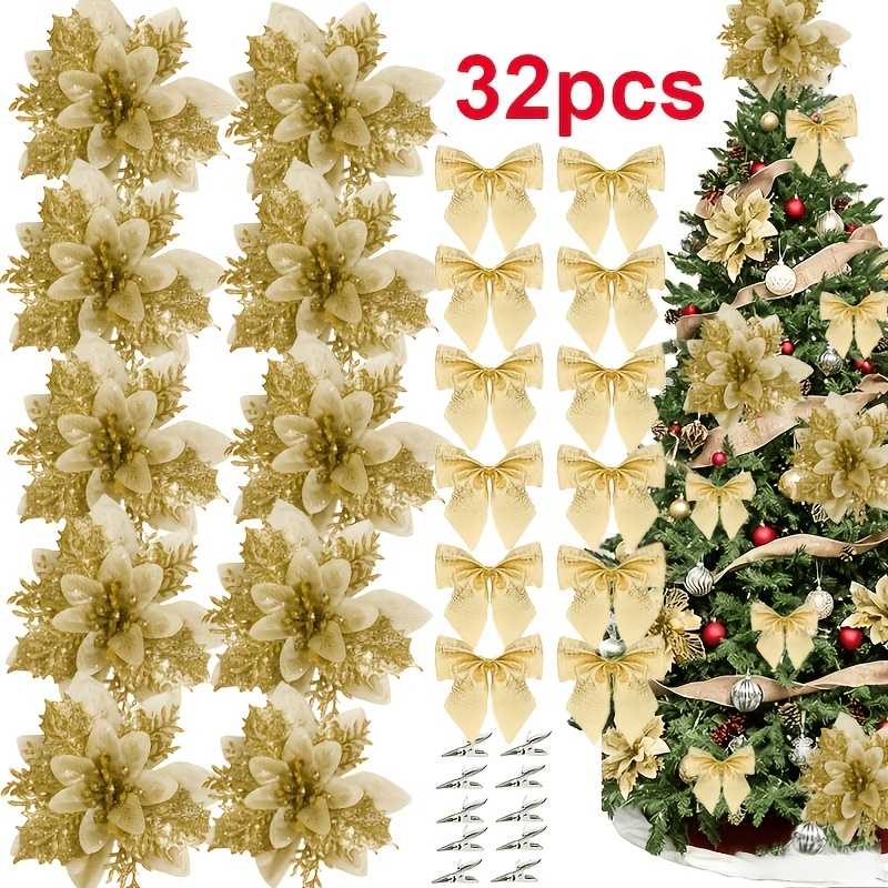 TEMU 32pcs (10 Flowers And 12 Bowknots And 10 Clips) Artificial Christmas Poinsettia Flowers And Bowknot Kit, Glitter Christmas Flowers For Christmas
