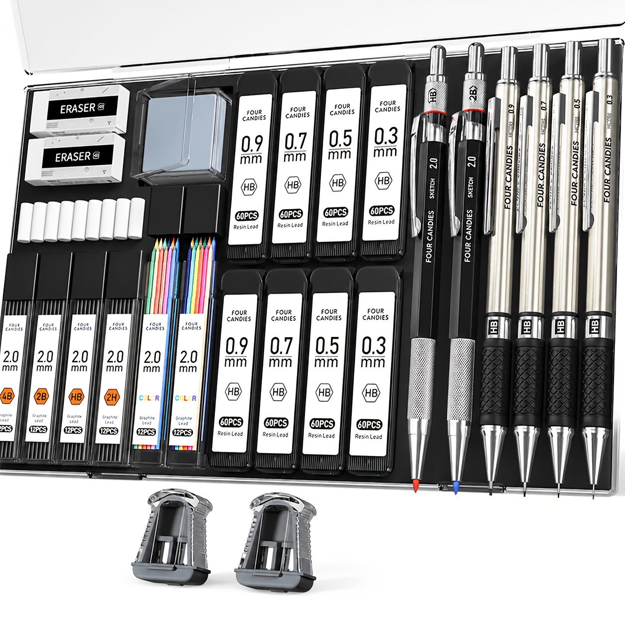 Image of 4 Candies 27pcs Art Mechanical Pencil Set With Case, 4pcs Metal Drawing Pencil 0.3, 0.5, 0.7, 0. & 2pcs 2mm Lead Holder (hb 2h 2b 4b Color) With 552 Graphite Lead Refills For Drawing Sketching