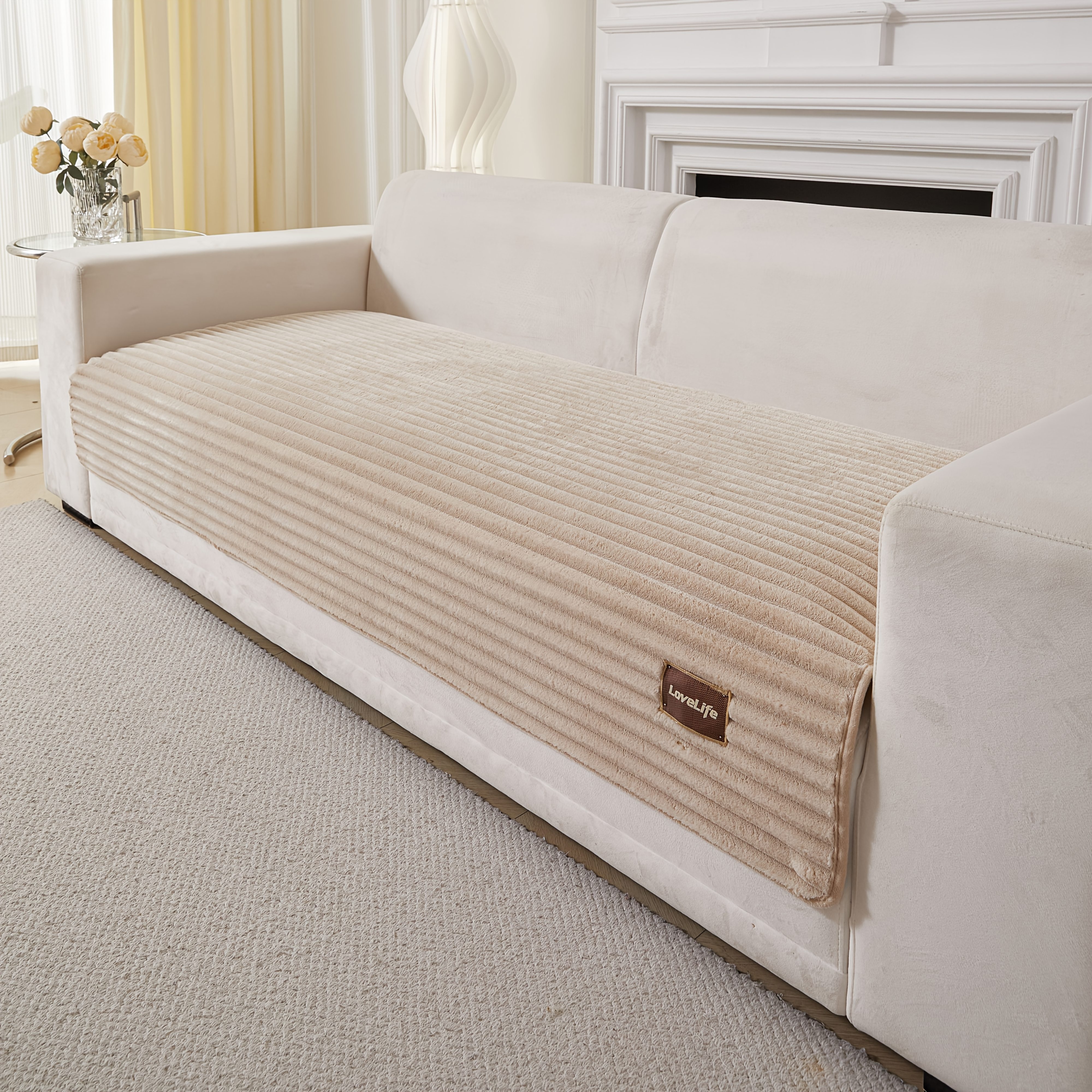 TEMU 1pc Striped Solid Color Sofa Cover, Classic Plush Style High-end Sofa Cushion, Pet-friendly, Seat Cushion, Scratch-resistant, Non-slip,