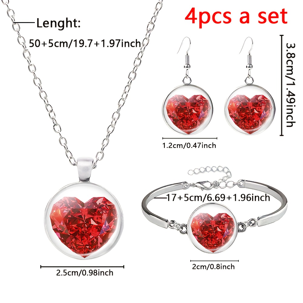 4pc Red Heart Sparkle Jewelry Set, Necklace, Bracelet & Earrings