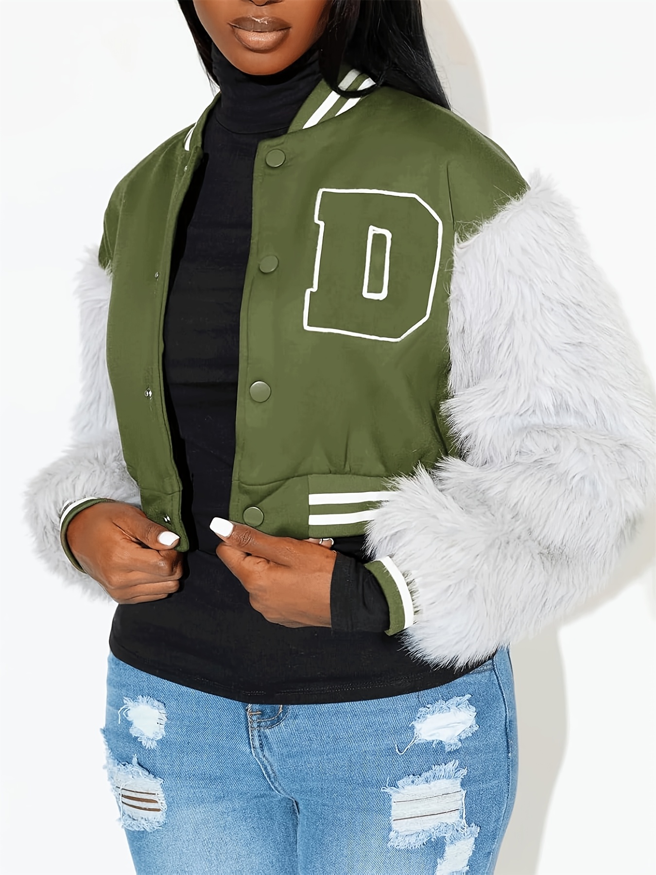 varsity jacket women faux fur sleeve cropped jacket button - Temu