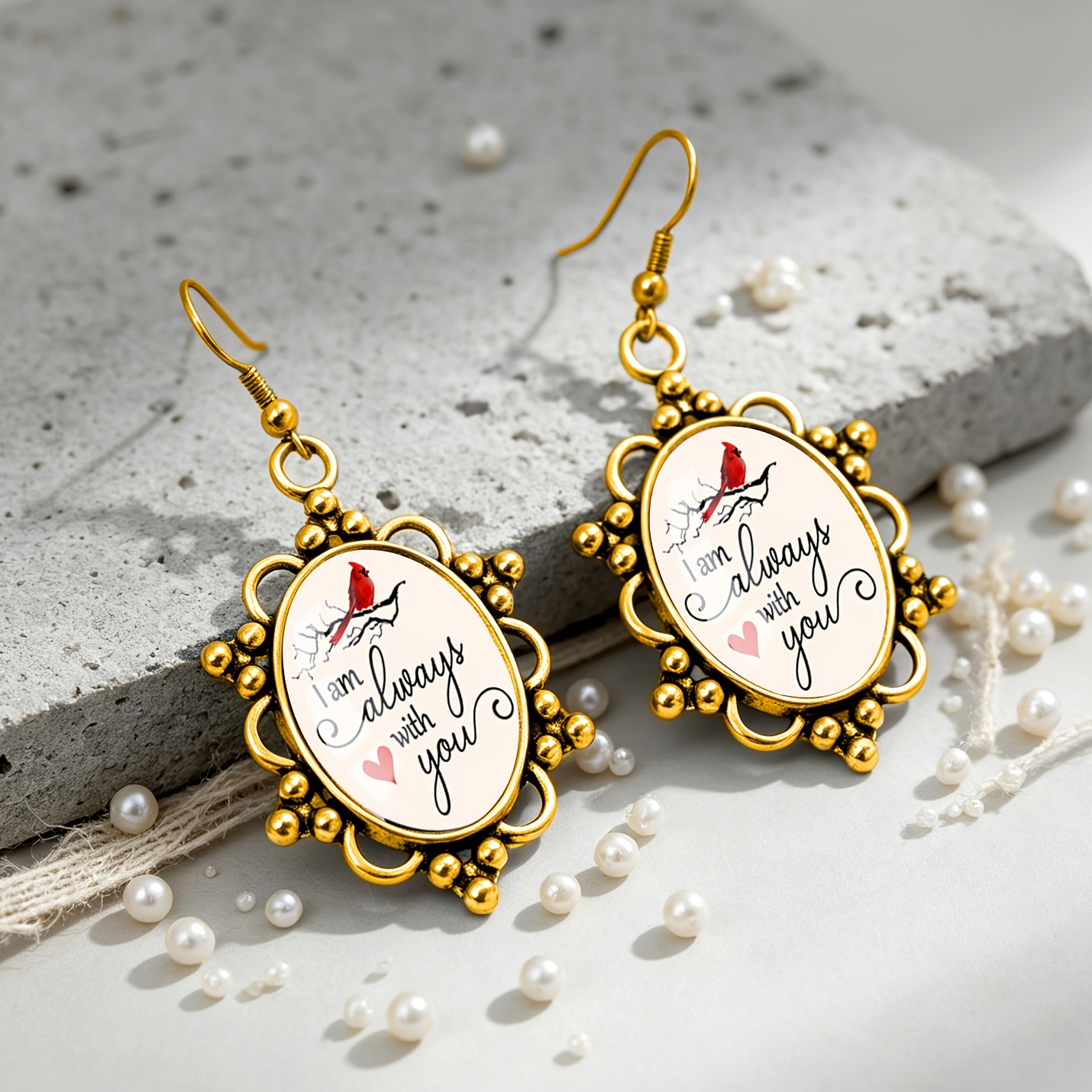 Red Bird Greeting Pattern Oval Earrings, Unisex Gift